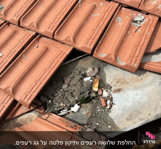 רעפים שבורים על גג עם לכלוך ופסולת